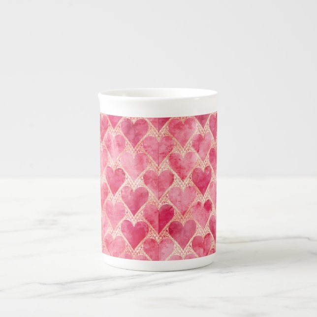 Valentine's Day, Red Pink Love Heart Pattern Benporslin Mugg (Framsidan)