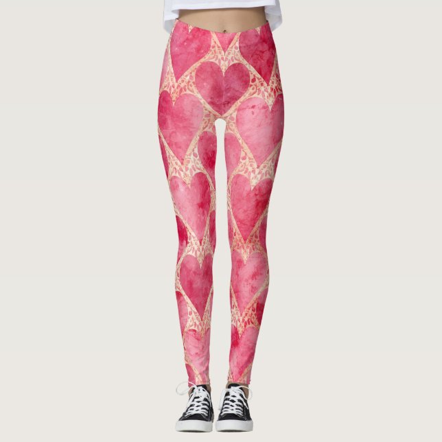Valentine's Day, Red Pink Love Heart Pattern Leggings (Framsida)