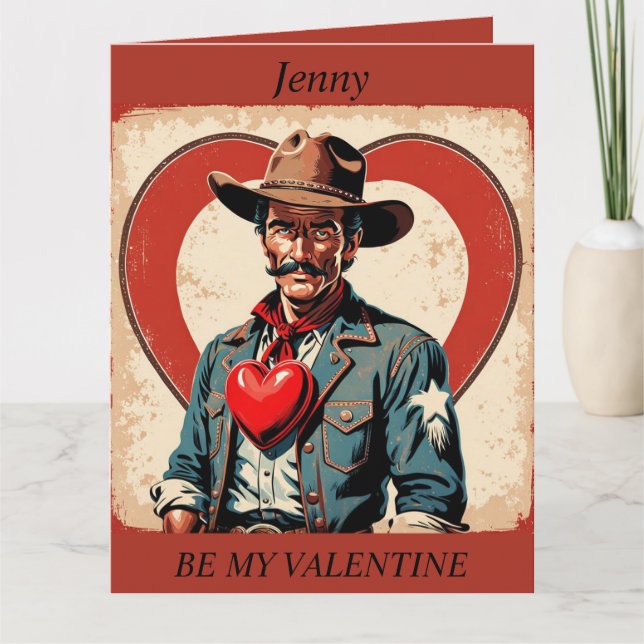 VALENTINE'S DAY Retro Cowboy redigerbar kort (Framsida)