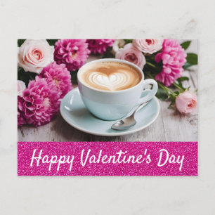 Valentines day Rosa Blommigt Cappuccino Coffee Hea Vykort