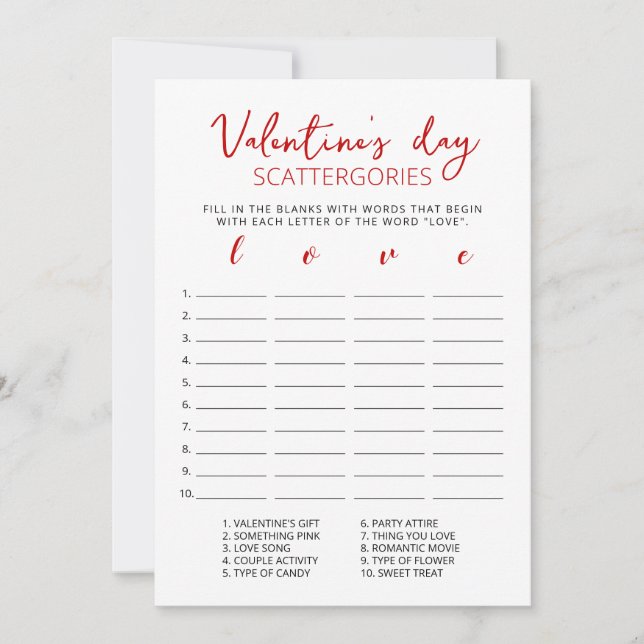 Valentine's day Scattergories redigerbart spel Kor Inbjudningar (Framsida)