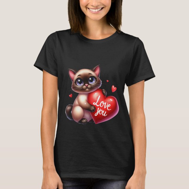 Valentine's Day Siamese Cat Love You Heart Art ❤🐱 T Shirt (Framsida)
