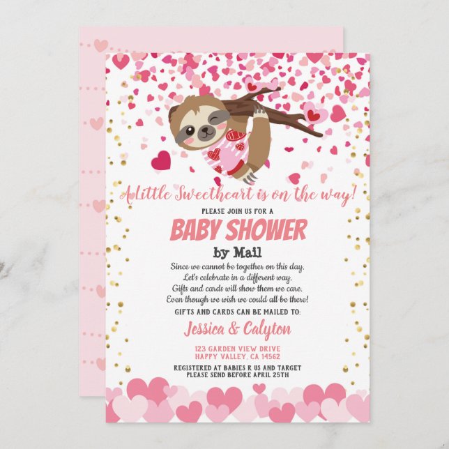Valentines day Sloth Girl Baby Shower efter e-Rosa Inbjudningar (Fram/baksida)