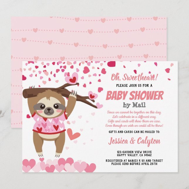 Valentines day Sloth Girl Baby Shower efter post Inbjudningar (Fram/baksida)