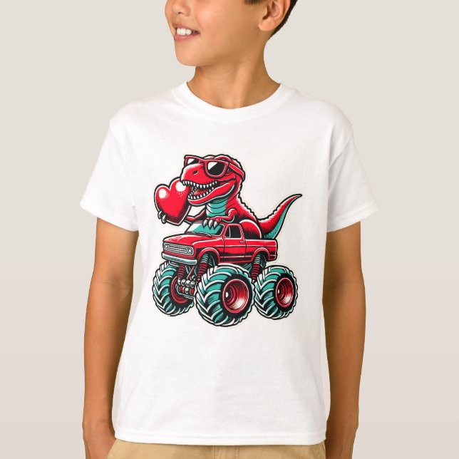 Valentines day T Rex Riding Monster Lastbil Funny T Shirt (Framsida)