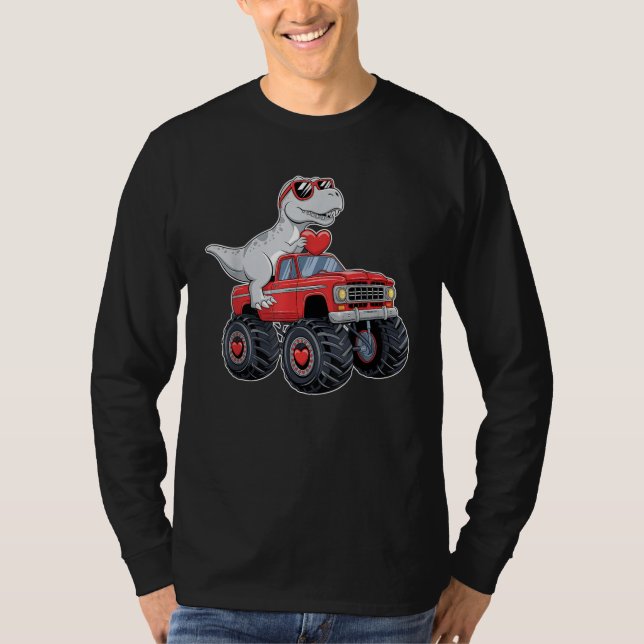 Valentines day T Rex Riding Monster Lastbil Funny T Shirt (Framsida)