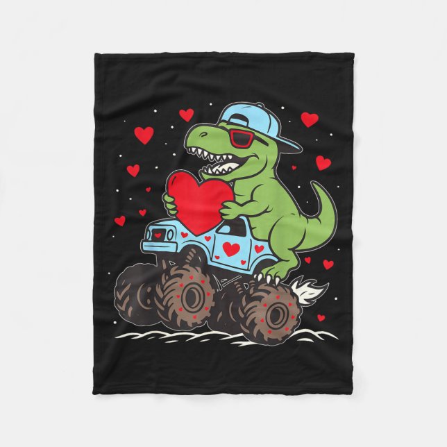 Valentines Day T Rex Riding Monster Truck Funny To Fleecefilt (Framsidan)
