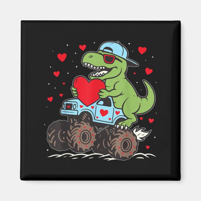 Valentines Day T Rex Riding Monster Truck Funny To Magnet (Framsidan)