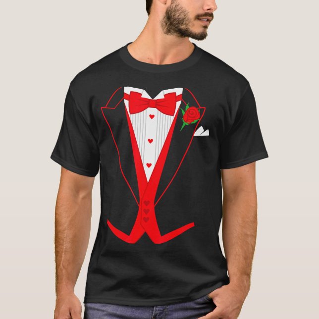 Valentine's Day Tuxedo Red Bow Tie Costume For Guy T Shirt (Framsida)