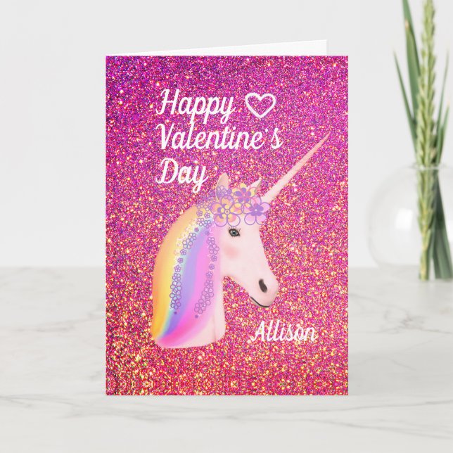 Valentines day Unicorn Rosa Glitter Personlig Helgkort (Framsida)