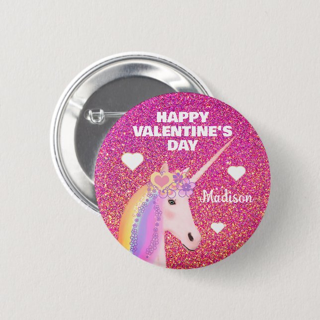 Valentines day Unicorn Rosa Glitter Personlig Knapp (Framsida & baksida)