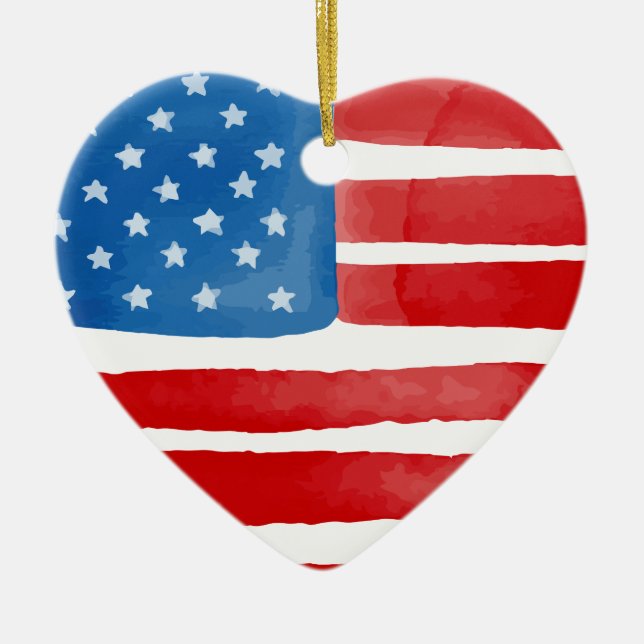 Valentines day US American Flagga Heart Patriotic Julgransprydnad Keramik (Framsidan)