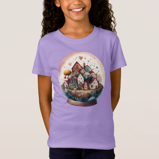 Valentines day Watercolor Village Snowglobe T Shirt (Framsida)