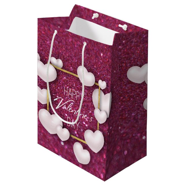 valentines day White Heart Glitter Medium Gift Bag (Framsidan Vinklad)