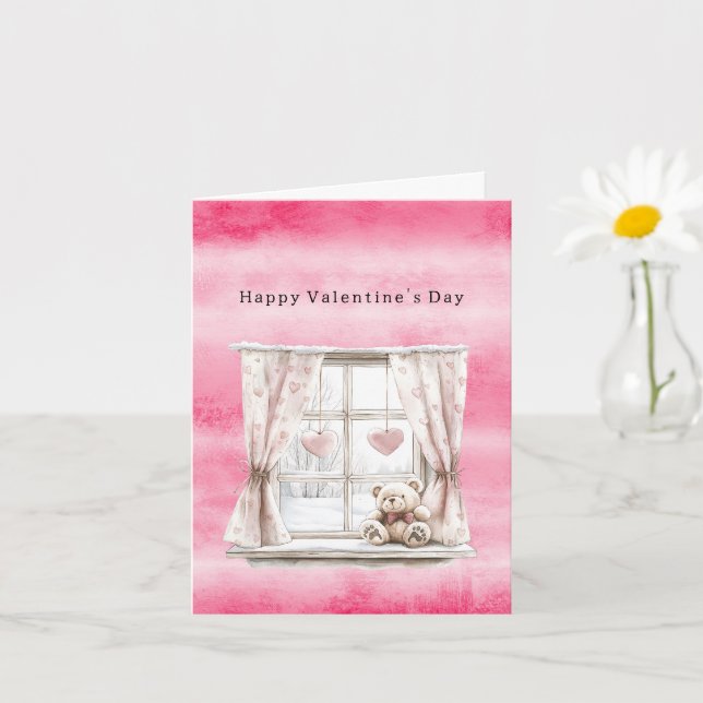 Valentine's Day Window Hearts Teddy Bear Love Kort (Liten växt)