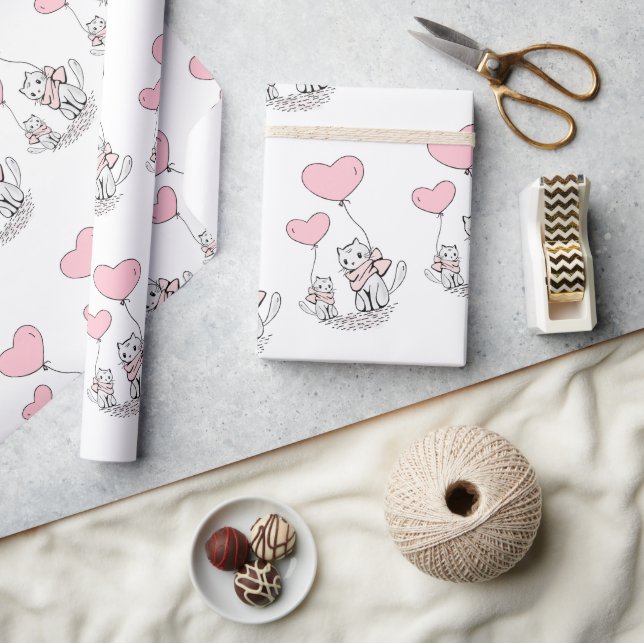 Valentine's Day Wrapping Paper Cat Pink Hearts Presentpapper (Hantverk)