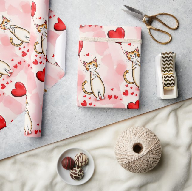 Valentine's Day Wrapping Paper Cat Red Hearts Presentpapper (Hantverk)