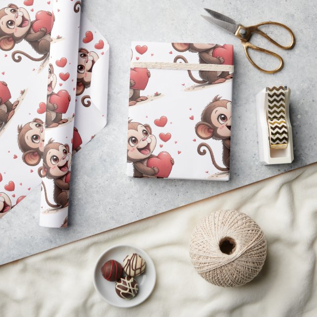 Valentine's Day Wrapping Paper Monkey Red Hearts Presentpapper (Hantverk)