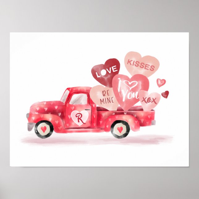 Valentines Delivery Red Watercolor Lastbil & Heart Poster (Framsidan)