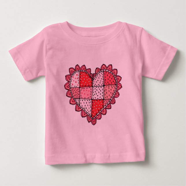 Valentine's Doodle Art Style Faux Patchwork Heart  T Shirt (Framsida)