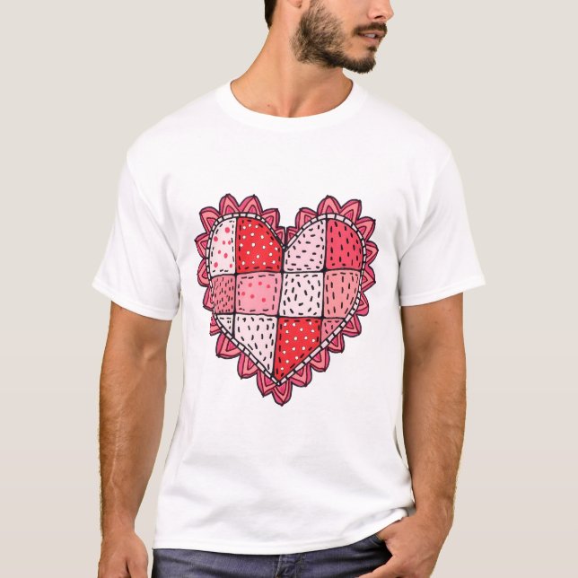 Valentine's Doodle Art Style Faux Patchwork Heart  T Shirt (Framsida)