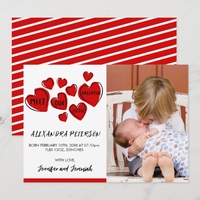 Valentines födelse kungörelse kort rött sött hjärt (Fram/baksida)