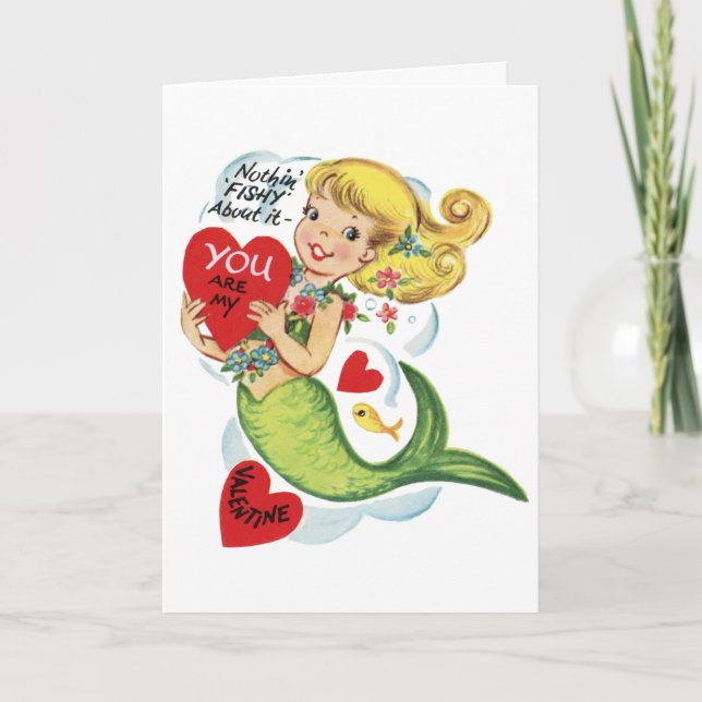 Valentines för Retro Cute-Sjöjungfru Helgkort (Framsida)
