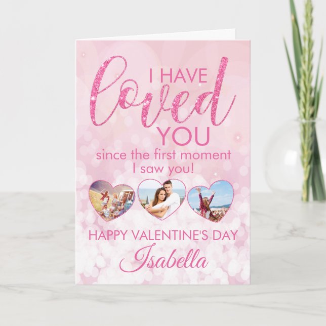 Valentines Girly Rosa Glitter Photo Collage Kort (Framsida)