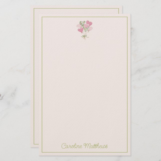 Valentine's Heart Pink and Green Heart Balloons Brevpapper (Fram/baksida)