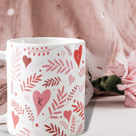 Valentines Heart Rosa Red Snyggt Mönster Monogram Kaffemugg