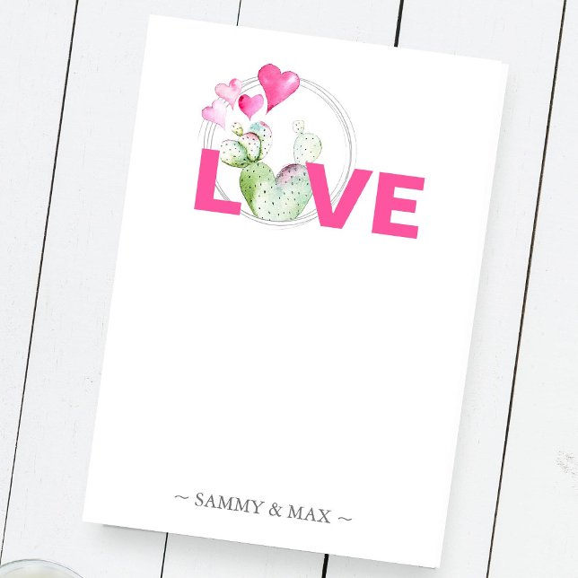 Valentines Hearts and Cactus Personlig Post-it Block (Valentines post it notes personalized with your name and watercolor art by Victoria Grigaliunas )