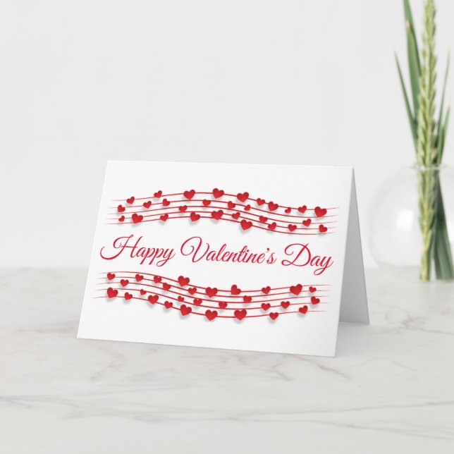 Valentines Hearts Red Modern Script Musical Staff Kort (Framsida)
