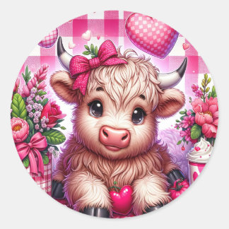 Valentines Highland Cow Sticker Runt Klistermärke