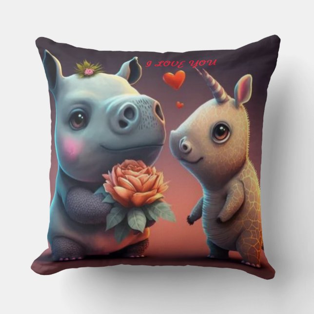 Valentines hippo tecknad anpassningsbar dekorativ  kudde (Framsida)