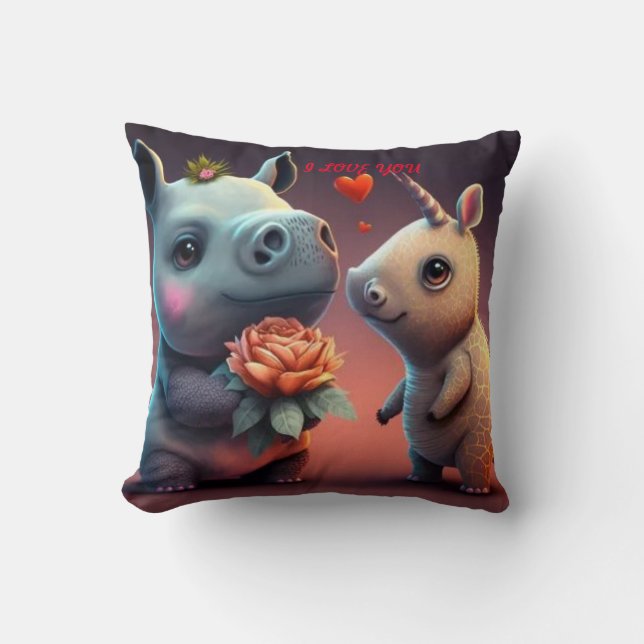 Valentines hippo tecknad anpassningsbar dekorativ  kudde (Framsida)