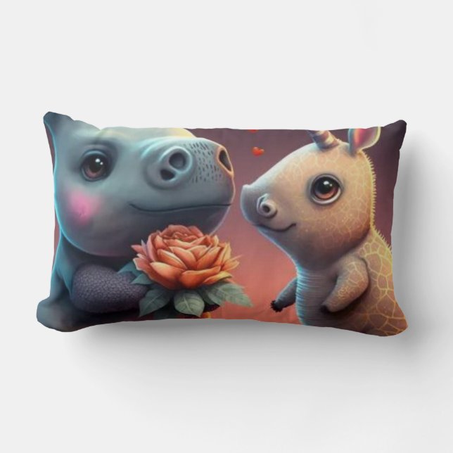 Valentines hippo tecknad anpassningsbar lumbarkudde (Framsida)
