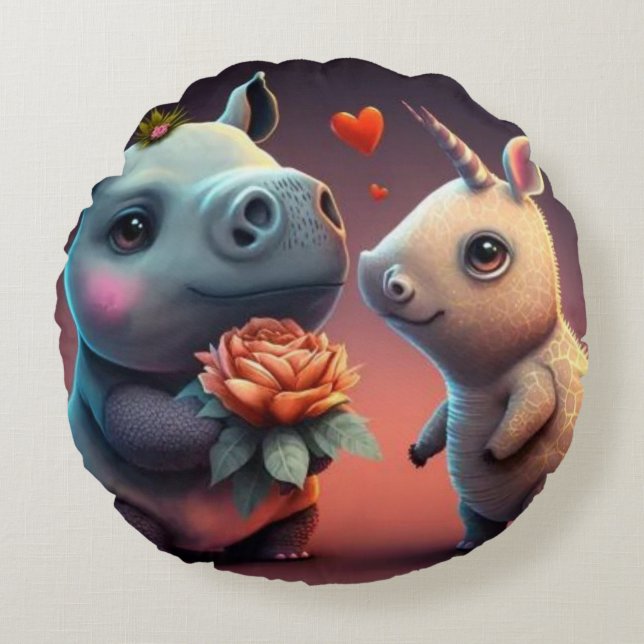 Valentines hippo tecknad anpassningsbar rund kudde (Framsidan)