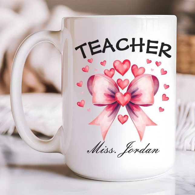 Valentines lärarkaffe Mugg, skräddarsytt namn Kaffemugg (teacher Valentine’s mug, custom name mug, coquette bow mug, Valentine’s gift for teacher, )