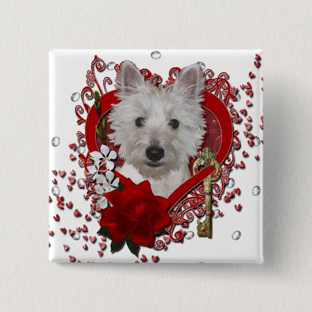 Valentines - nyckel till min hjärta - Westie - Knapp (Framsida)