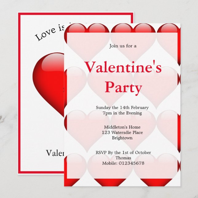 Valentines Party Red Heart Forever love Inbjudningar (Fram/baksida)