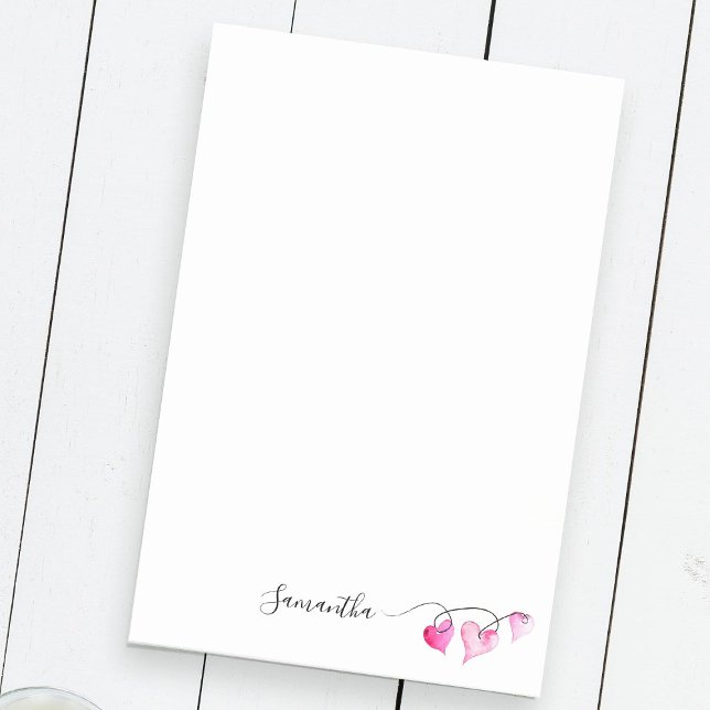 Valentines Personlig String of Hearts Post-it Block (Custom post-it-notes feature your name with watercolor hearts by Victoria Grigaliunas DoTellABelle)