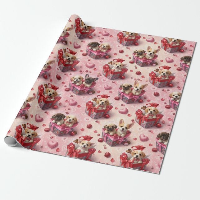 Valentine's Puppies Wrapping Paper Presentpapper (Utrullad)