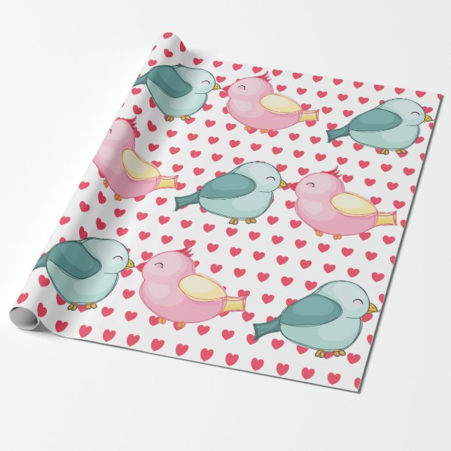 Valentines Red Heart på vit med Cute Love birds Presentpapper (Utrullad)