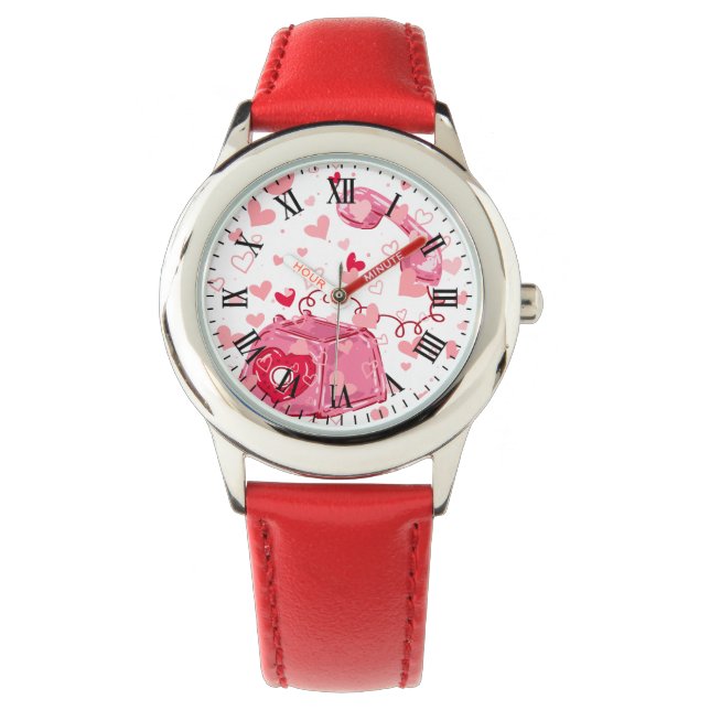 Valentine's Red Leather Vintage Love Heart Watch Armbandsur (Framsida)