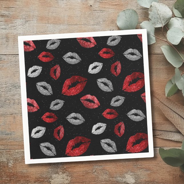 Valentines Red Silver Glitter Lips on Black  Pappersservett (Skapare uppladdad)