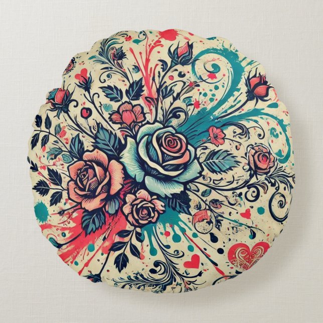 Valentines Ro / Rosa & skalning / Platterkonst Rund Kudde (Framsidan)