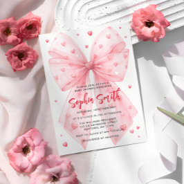 Valentines Rosa Bow Hearts Baby Shower Inbjudningar