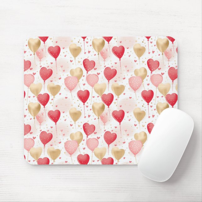 Valentines Rosa Red och Guld Heart Balloons Musmatta (Med mus)