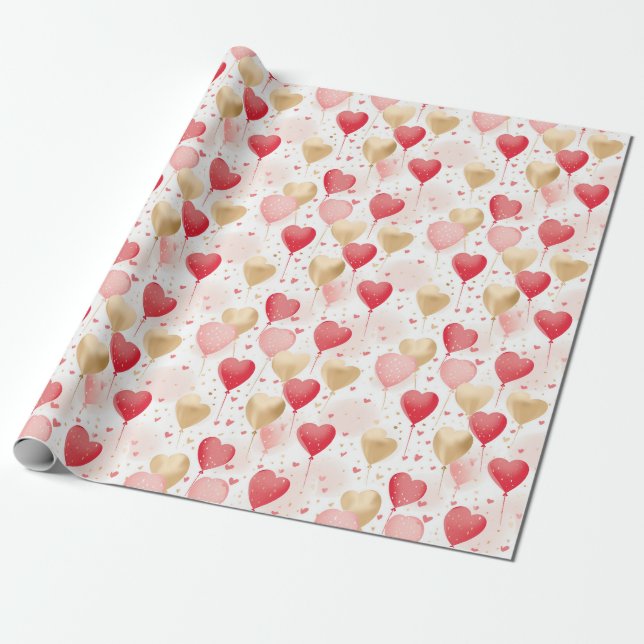 Valentines Rosa Red och Guld Heart Balloons Presentpapper (Utrullad)