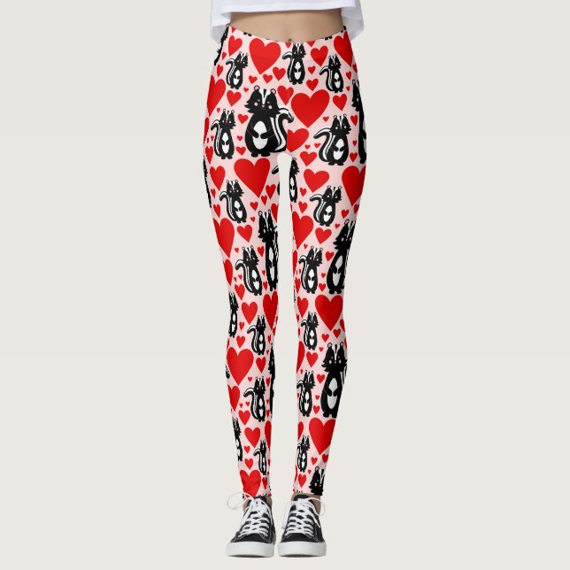 Valentines Rosa Skunk Heart Illustration Mönster Leggings (Framsida)